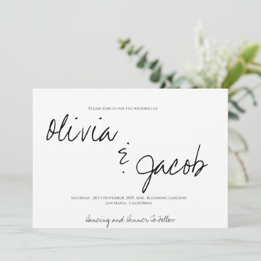 Elegant modern script zwart-wit huwelijk kaart (Staand voorkant)