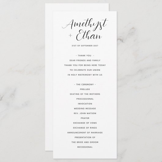 Elegant modern script zwart-wit huwelijk programmakaart (Voorkant / Achterkant)