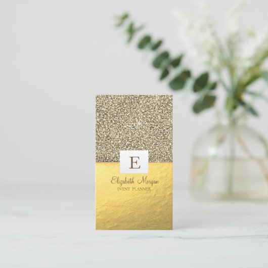 Elegant Modern Shiny Monogram Gold Glitter Visitekaartje (Staand voorkant)