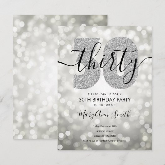 Elegant Modern Silver 30th Birthday Party Uitnodiging Briefkaart (Voorkant / Achterkant)