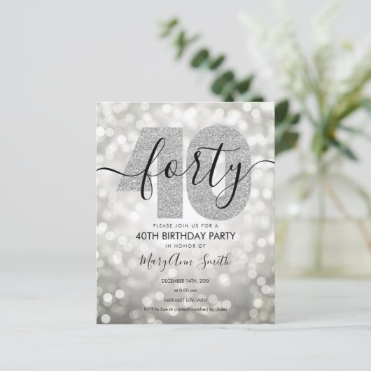 Elegant Modern Silver 40th Birthday Party Invite (Staand voorkant)