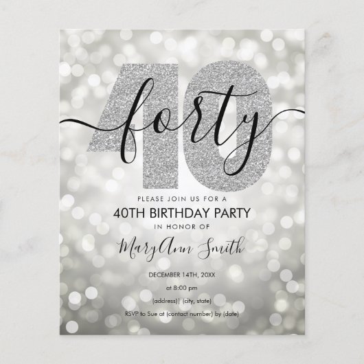 Elegant Modern Silver 40th Birthday Party Invite (Voorkant)