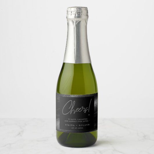 Elegant Modern Silver Cheers, gepersonaliseerd Sparkling Wijnetiket (Voorkant)