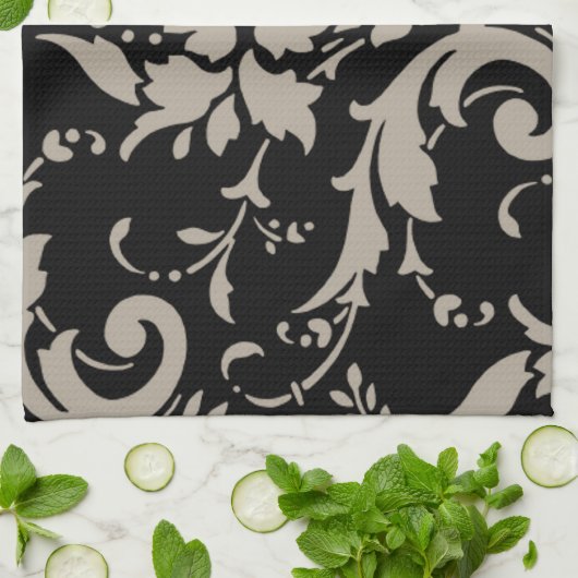 Elegant  Modern Silver Damask op Black Towe Theedoek (Gevouwen)