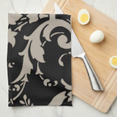 Elegant  Modern Silver Damask op Black Towe Theedoek (Quarter Fold)