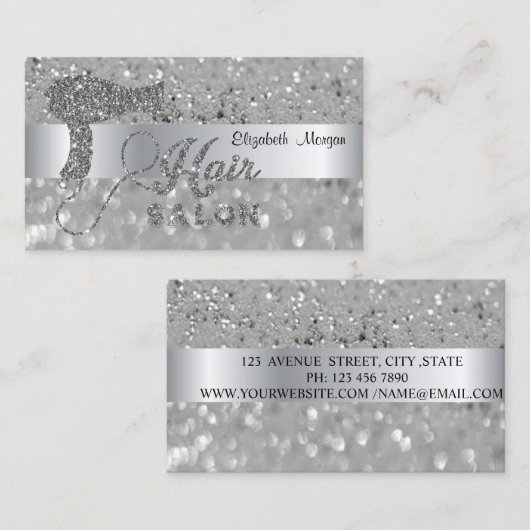 Elegant Modern, Silver Glitter Bokeh Hairdryer Visitekaartje (Voorkant / Achterkant)
