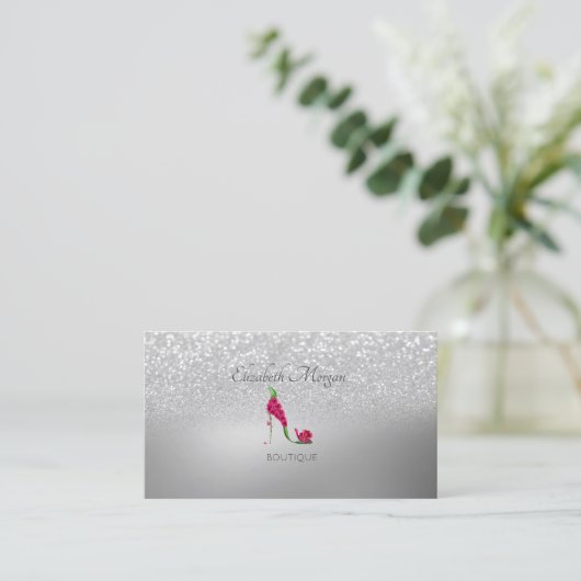 Elegant Modern, Silver Glitter Bokeh High Heels Visitekaartje (Staand voorkant)