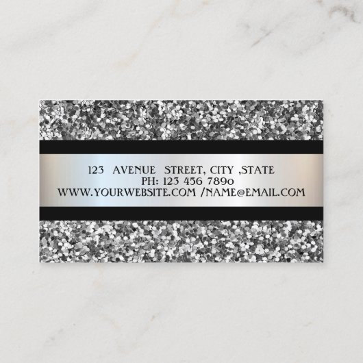 Elegant Modern, Silver Glitter Lijst, Black Stripe Visitekaartje (Achterkant)