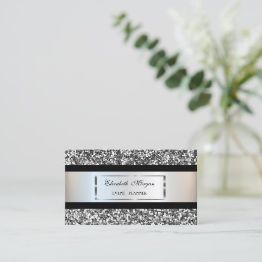 Elegant Modern, Silver Glitter Lijst, Black Stripe Visitekaartje (Staand voorkant)
