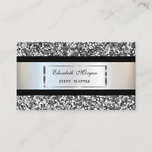 Elegant Modern, Silver Glitter Lijst, Black Stripe Visitekaartje (Voorkant)