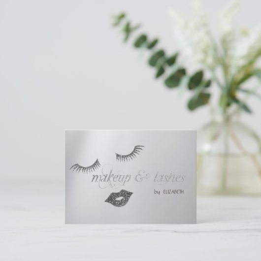 Elegant Modern Silver Glitter Lips, Lashes, Makeup Visitekaartje (Staand voorkant)