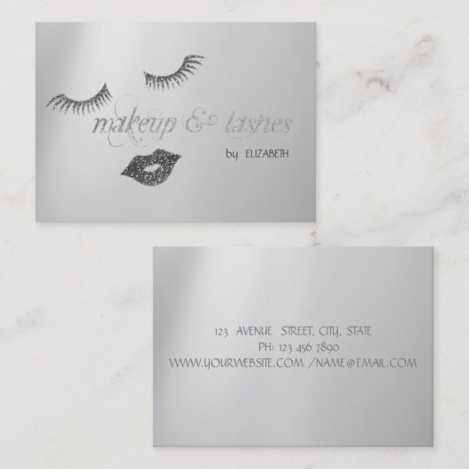 Elegant Modern Silver Glitter Lips, Lashes, Makeup Visitekaartje (Voorkant / Achterkant)