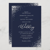 Elegant Modern Silver Glitter Navy Blue Wedding Kaart (Voorkant / Achterkant)