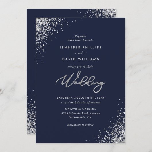 Elegant Modern Silver Glitter Navy Blue Wedding Kaart (Voorkant / Achterkant)