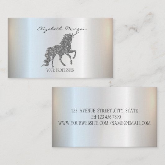 Elegant Modern Silver Glitter Unicorn Visitekaartje (Voorkant / Achterkant)