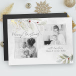 Elegant Modern Silver KerstFloral 2-foto's<br><div class="desc">Elegante,  moderne en minimalistische zilverbladeren,  rode bessen en gouden sparkles op de achtergrond van de zilveren waterverf met twee vierkante fotosjablonen en drie bewerkbare tekstvelden.</div>