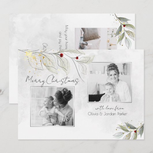 Elegant Modern Silver KerstFloral 2-foto's Feestdagenkaart (Voorkant / Achterkant)