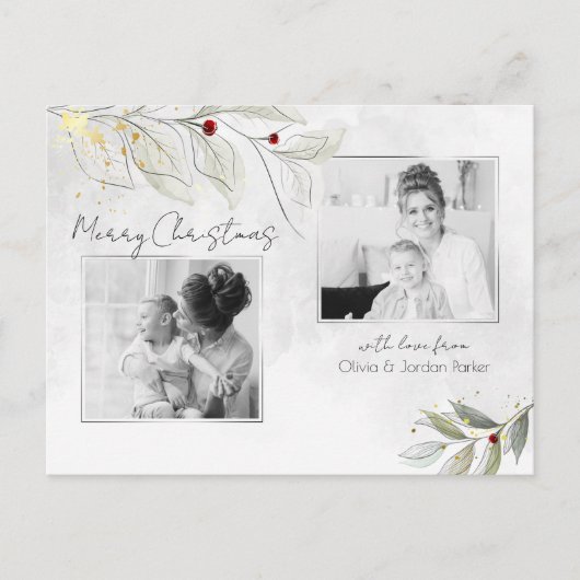 Elegant Modern Silver KerstFloral 2-foto's Feestdagenkaart (Voorkant)