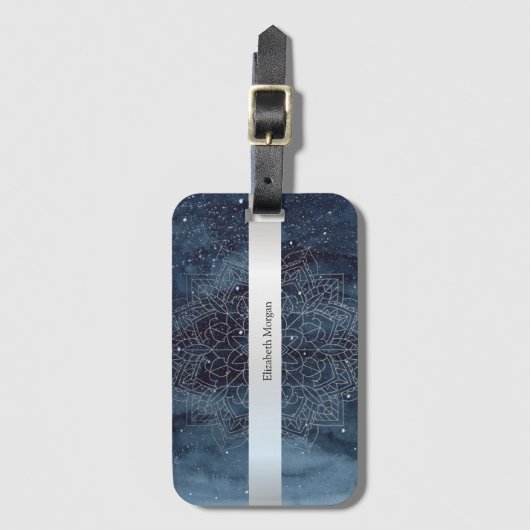 Elegant Modern Silver Mandala Stripe Navy Blue Bagagelabel (Voorkant (verticaal))