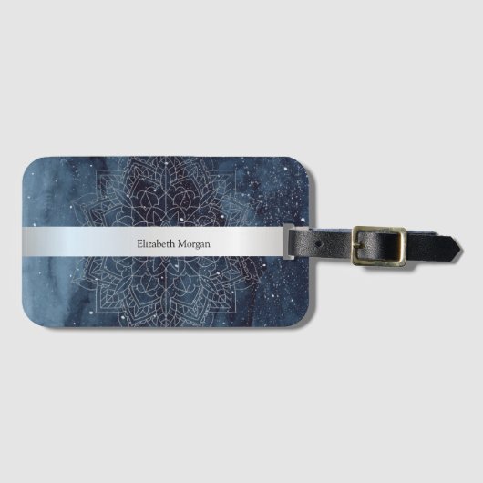 Elegant Modern Silver Mandala Stripe Navy Blue Bagagelabel (Voorkant (horizontaal))
