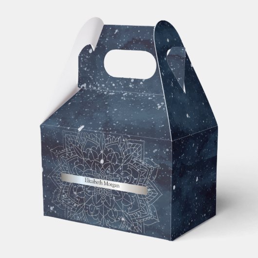 Elegant Modern Silver Mandala Stripe Navy Blue Bedankdoosjes (Voorkant Zijde)