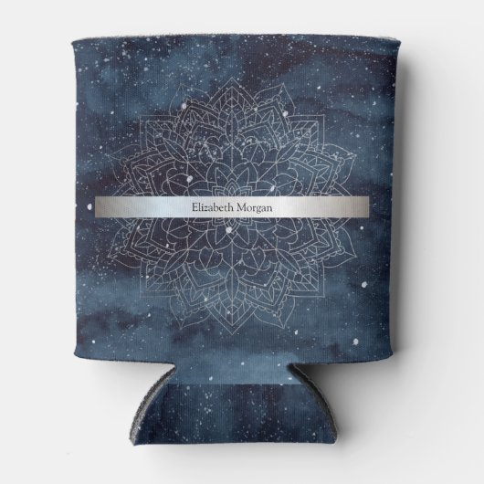 Elegant Modern Silver Mandala Stripe Navy Blue Blikjeskoeler (Voorkant)