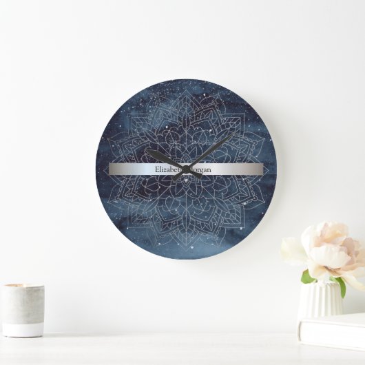 Elegant Modern Silver Mandala Stripe Navy Blue Grote Klok (Huis)