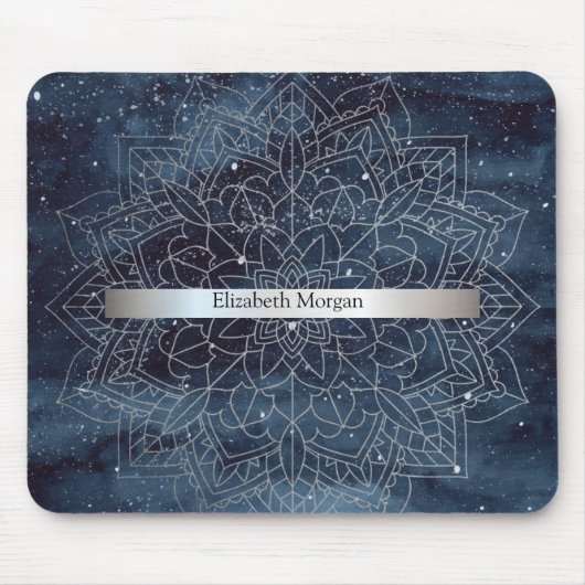 Elegant Modern Silver Mandala Stripe Navy Blue Muismat (Voorkant)