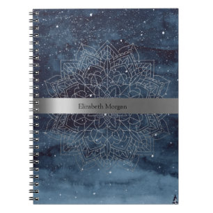 Elegant Modern Silver Mandala Stripe Navy Blue Notitieboek