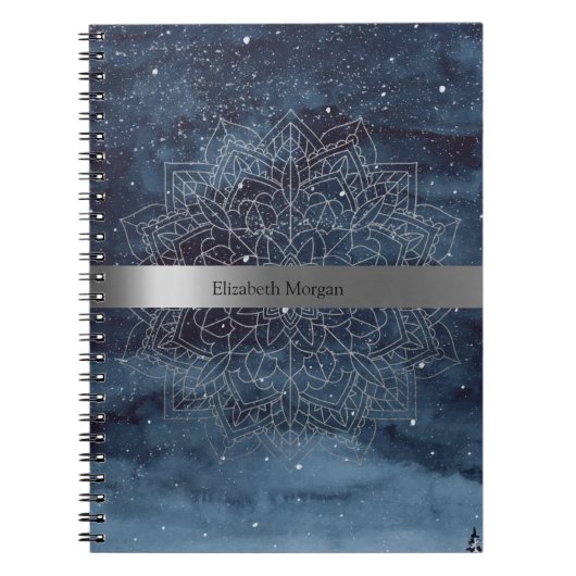 Elegant Modern Silver Mandala Stripe Navy Blue Notitieboek (Voorkant)