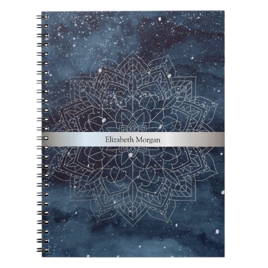 Elegant Modern Silver Mandala Stripe Navy Blue Notitieboek (Voorkant)