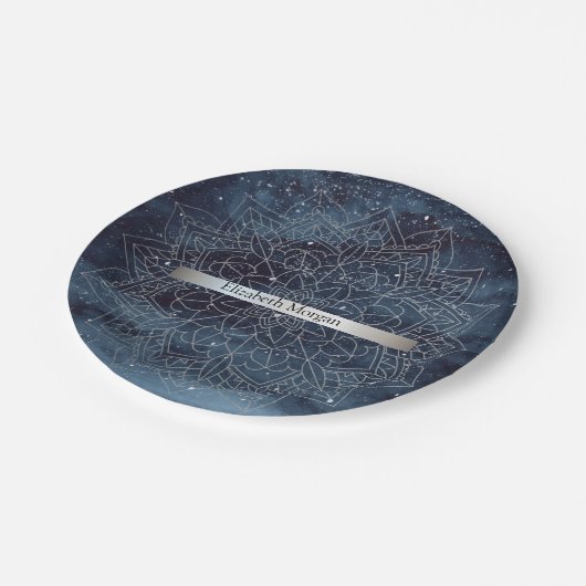 Elegant Modern Silver Mandala Stripe Navy Blue Papieren Bordje (Gekanteld)