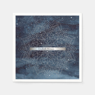 Elegant Modern Silver Mandala Stripe Navy Blue Servet