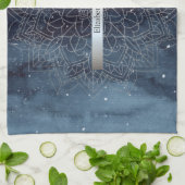 Elegant Modern Silver Mandala Stripe Navy Blue Theedoek (Gevouwen)