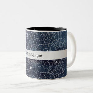 Elegant Modern Silver Mandala Stripe Navy Blue Tweekleurige Koffiemok