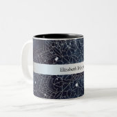 Elegant Modern Silver Mandala Stripe Navy Blue Tweekleurige Koffiemok (Voorkant links)