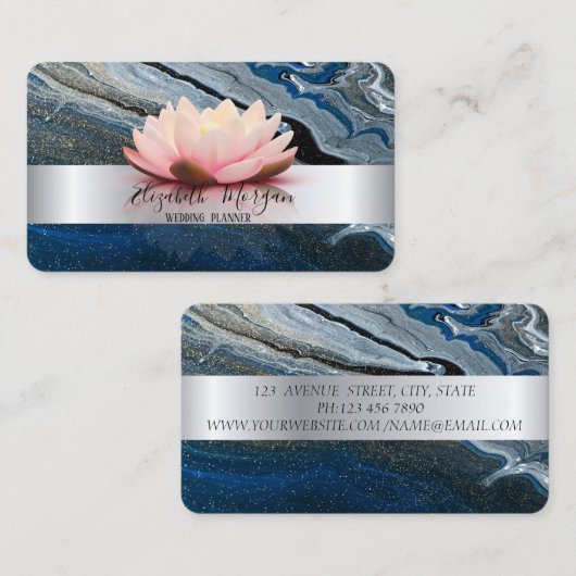 Elegant Modern Silver Stripe Lotus Blue Marble Visitekaartje (Voorkant / Achterkant)