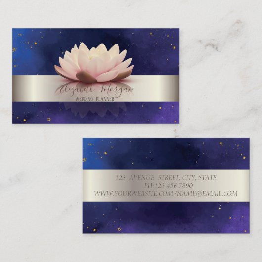 Elegant Modern Silver Stripe Lotus Blue Visitekaartje (Voorkant / Achterkant)