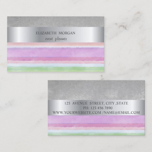Elegant Modern, Silver Stripe Waterverf Stripes Visitekaartje (Voorkant / Achterkant)