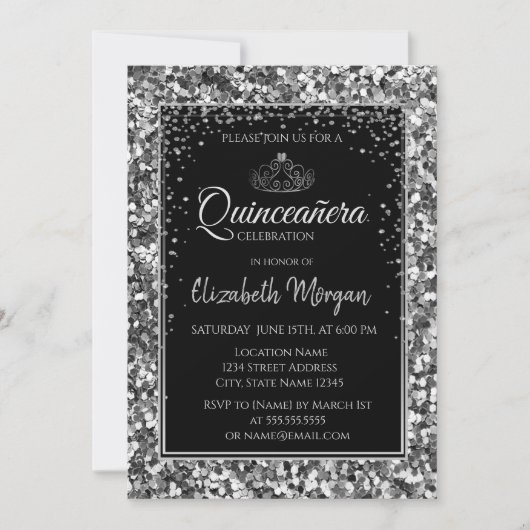 Elegant Modern Silver Tiara, Sequins Quinceanera Kaart (Voorkant)