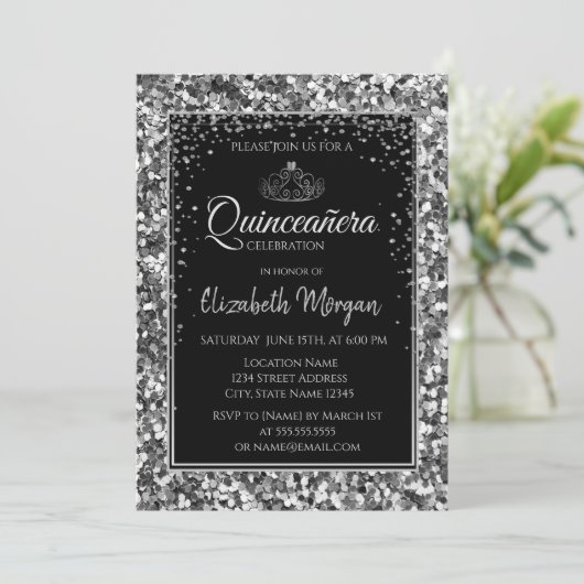 Elegant Modern Silver Tiara, Sequins Quinceanera Kaart (Staand voorkant)