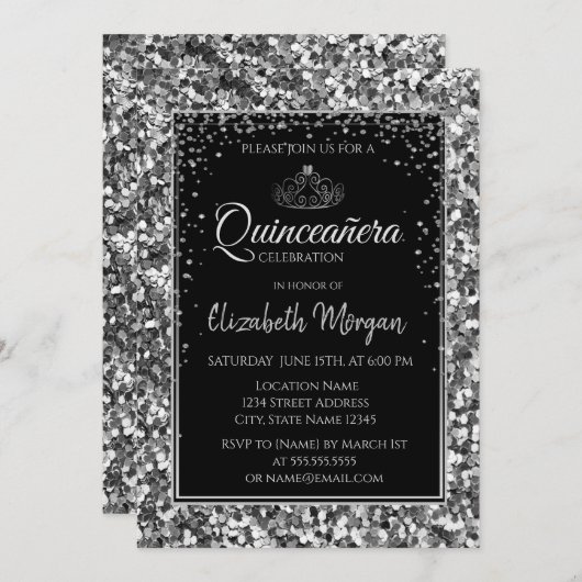Elegant Modern Silver Tiara, Sequins Quinceanera Kaart (Voorkant / Achterkant)