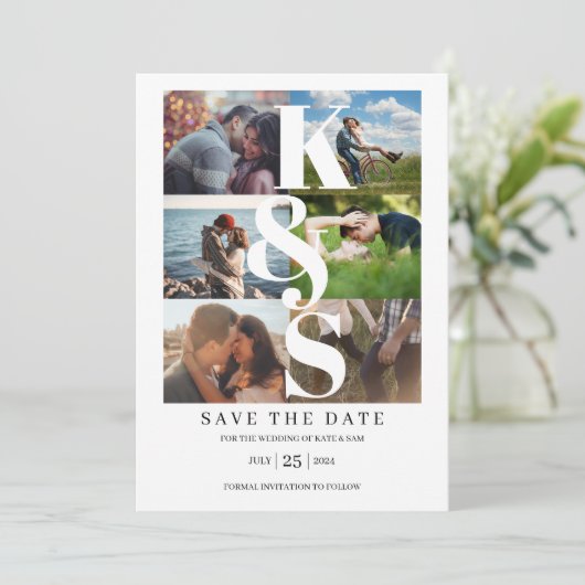 Elegant modern Simple Photo Collage Name Initialen Save The Date (Staand voorkant)