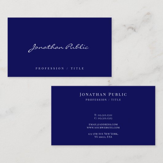 Elegant Modern Simple Template Script Navy Blue Visitekaartje (Voorkant / Achterkant)
