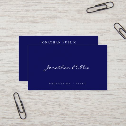 Elegant Modern Simple Template Script Navy Blue Visitekaartje (Voorkant / Achterkant in situ)
