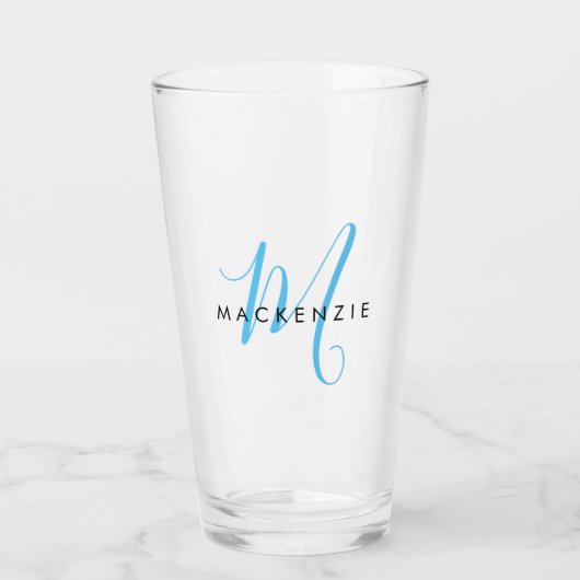 Elegant modern Sky Blue Script Monogram Glas (Voorkant)
