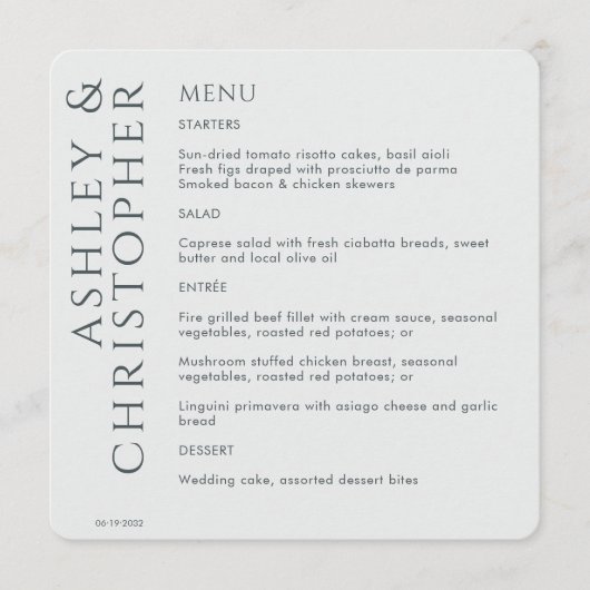 Elegant Modern Space Grey Bruiloft Menu (Voorkant)