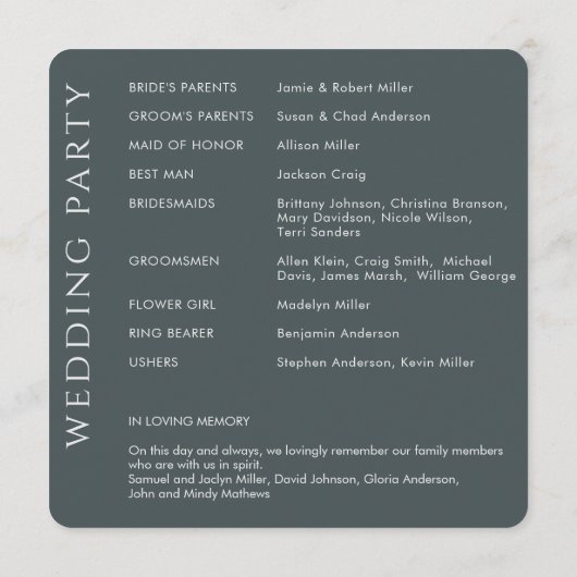Elegant Modern Space Grey Bruiloft Programmakaart (Achterkant)