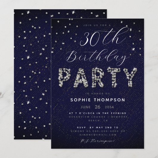 Elegant Modern Sparkle Glitter Blue Birthday Party Kaart (Voorkant / Achterkant)