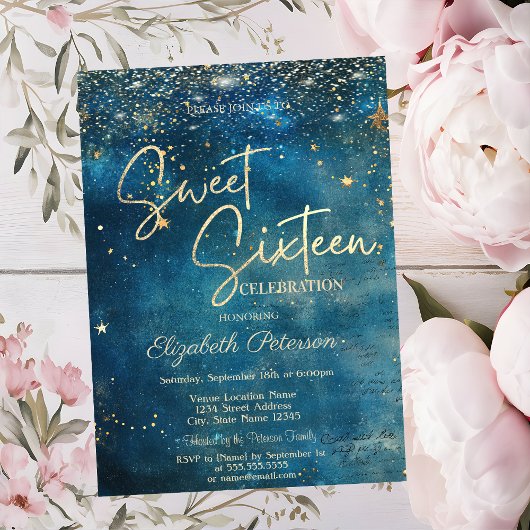 Elegant Modern Stars Blue Sweet 16 Kaart